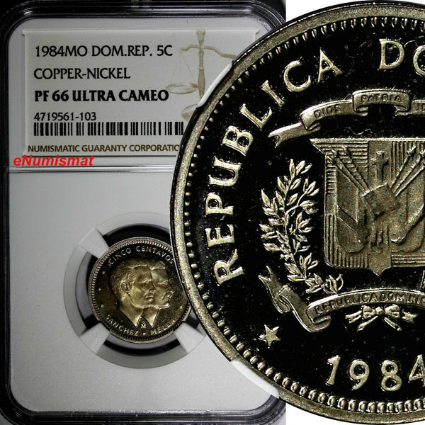 DOMINICAN REPUBLIC PROOF 1984 MO 5 Centavos NGC PF66 ULTRA CAMEO KM# 59