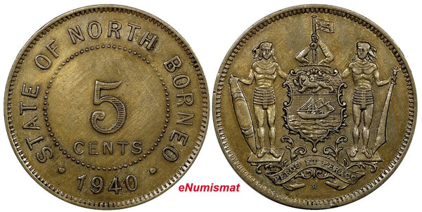 British North Borneo Copper-Nickel 1940 H 5 Cents Mintage-500,000 aUNC KM# 5