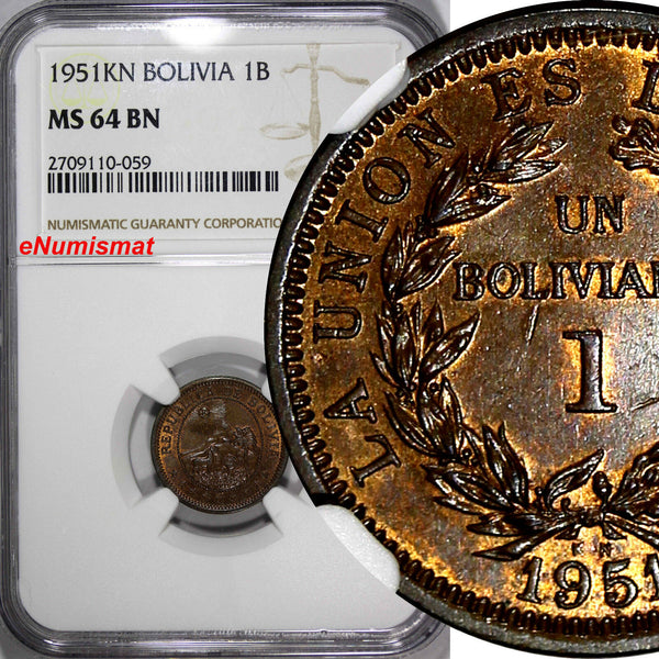 BOLIVIA Bronze 1951-KN 1 Boliviano NGC MS64 BN 1 YEAR TYPE KM# 184