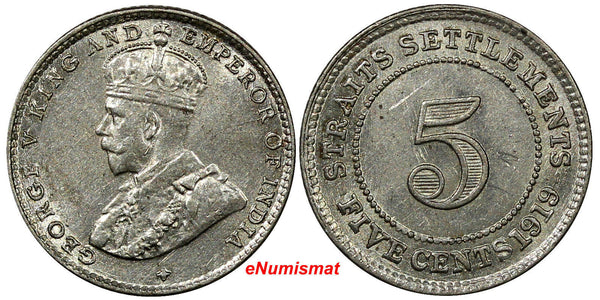 Straits Settlements George V Silver 1919 5 Cents UNC KM# 31