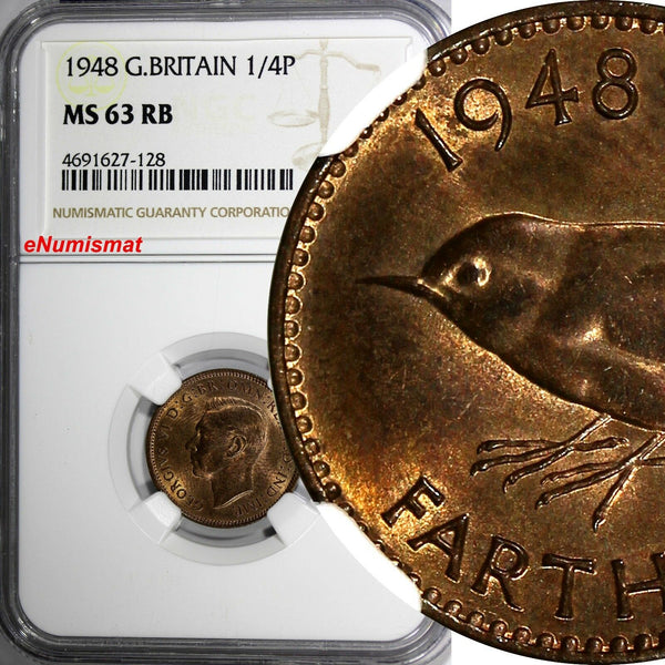 Great Britain George VI Bronze 1948 Farthing NGC MS63 RB LAST YEAR TYPE KM# 843