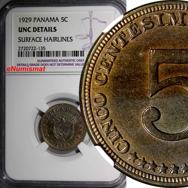 Panama 1929 5 Centesimos NGC UNC DET Nice Toned Mintage-500,000 2 YEARS TYPE KM9