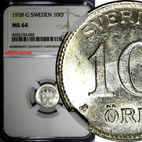 SWEDEN Gustaf V Silver 1938 G 10 Ore NGC MS64 KM# 780