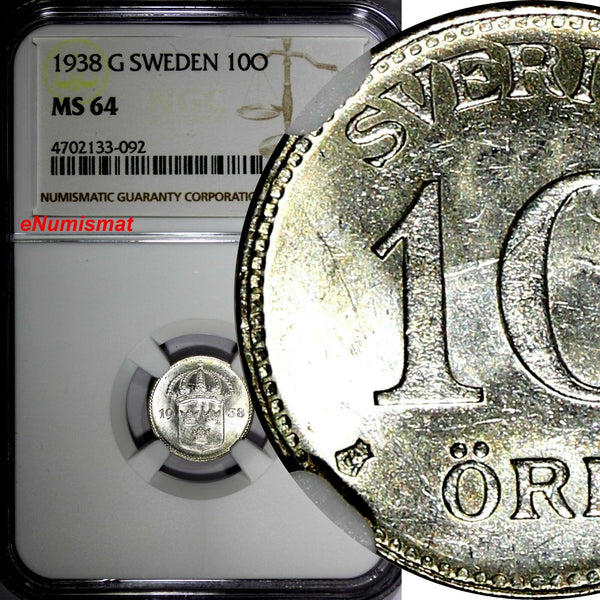 SWEDEN Gustaf V Silver 1938 G 10 Ore NGC MS64 KM# 780 (092)