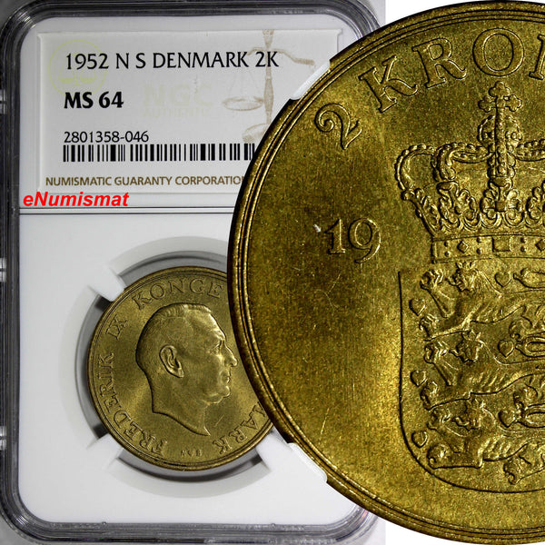 Denmark Frederik IX Aluminum-Bronze 1952 N S 2 Kroner NGC MS64 31mm KM# 838.1(6)