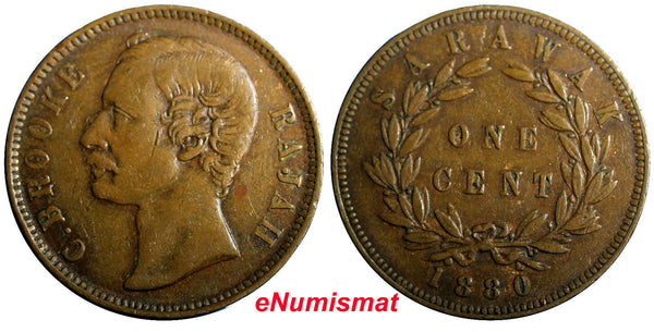 SARAWAK Copper 1880 1 CENT CHARLES  J. BROOKE  Better Date  a XF Condition KM#6