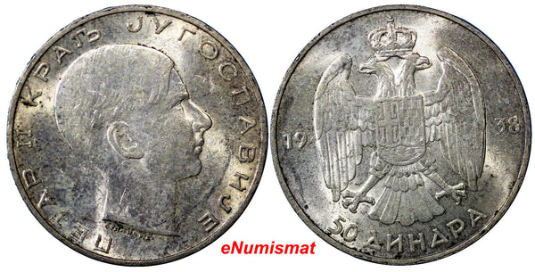 Yugoslavia Petar II Silver 1938 50 Dinara XF Condition KM# 24 (7165)