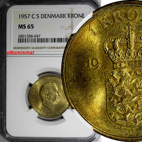 DENMARK Frederik IX Aluminum-Bronze 1957 CS 1 Krone NGC MS65  KM# 837.2