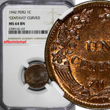 PERU Bronze 1942 1 Centavo "Curved legend " NGC MS64 BN Thin planchet.KM# 211a