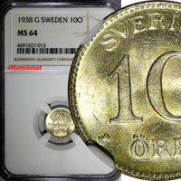 SWEDEN Gustaf V Silver 1938 G 10 Ore NGC MS64 GEM BU  KM# 780