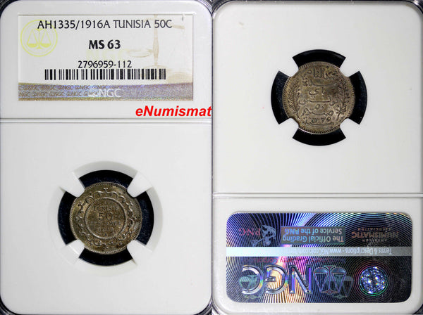 Tunisia Silver AH1335 / 1916 A 50 Centimes NGC MS63 Nice Toned KM# 237