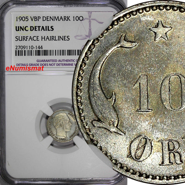 Denmark  Christian IX Silver 1905 VBP 10 Ore NGC UNC DETAILS KM# 795.2