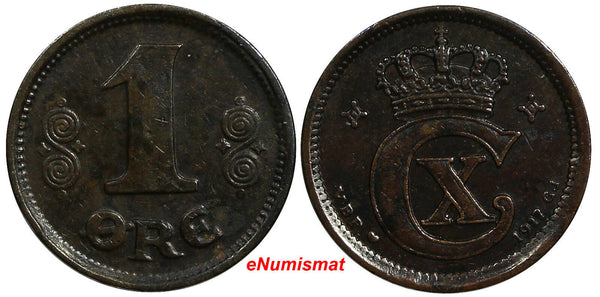 Denmark Christian X Bronze 1917 VBP; GJ 1 Ore KEY DATE SCARCE KM# 812.1