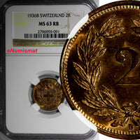 Switzerland Bronze 1936 B 2 Rappen NGC MS63 RB RED Mintage-500,000 KM4.2a (091)