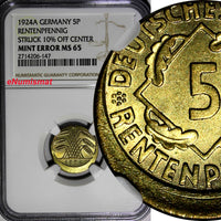 Germany-Weimar 1924-A 5 Rentenpfennig NGC MINT ERROR MS65 SCARCE KM# 32 (147)