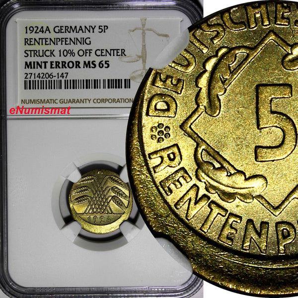 Germany-Weimar 1924-A 5 Rentenpfennig NGC MINT ERROR MS65 SCARCE KM# 32 (147)
