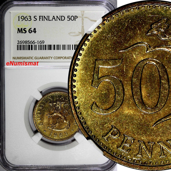 FINLAND Aluminum-Bronze 1963-S 50 Pennia NGC MS64 1st Year Type KM# 48