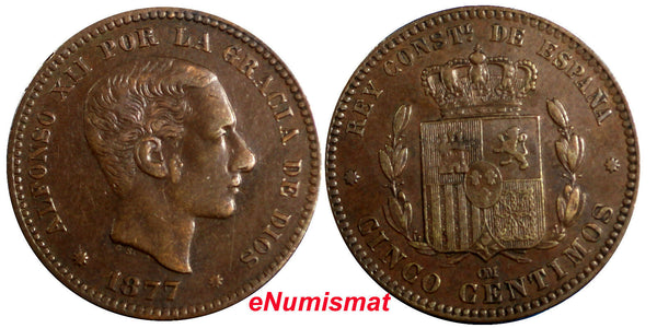 Spain Alfonso XII Bronze 1877 OM 5 Centimos VF/XF Condition KM# 674
