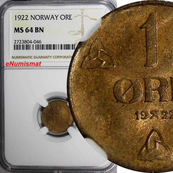 NORWAY Haakon VII 1922 1 ORE NGC MS64 BN BETTER DATE 1 GRADED HIGHER  KM# 367