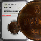 FINLAND Nicholas II Copper 1914  5 Pennia NGC MS62 BN BETTER DATE KM# 15