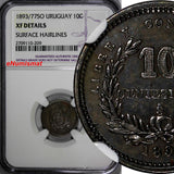 Uruguay Silver 1893/77-So 10 Centesimos OVERDATE NGC XF DETAILS RARE  KM# 14