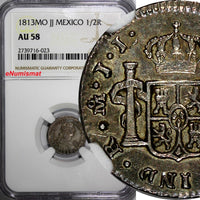 Mexico SPANISH Fernando VII Silver 1813 Mo JJ 1/2 Real NGC AU58 NICE TONED KM#73