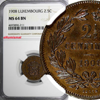 Luxembourg William III 1908 2-1/2 Centimes NGC MS64 BN 1 GRADED HIGHER KM# 21
