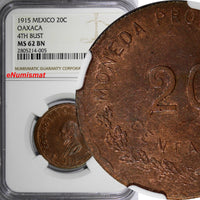 Mexico-Revolutionary OAXACA Copper 1915 20 Centavos NGC MS62 BN 4th BUST RED