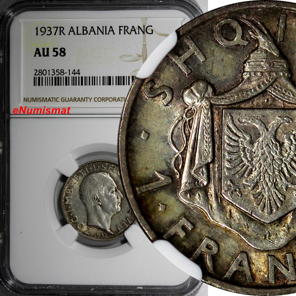 Albania Zog I Silver 1937 R 1 Frang Ar NGC AU58 Toned Better Date KM# 16