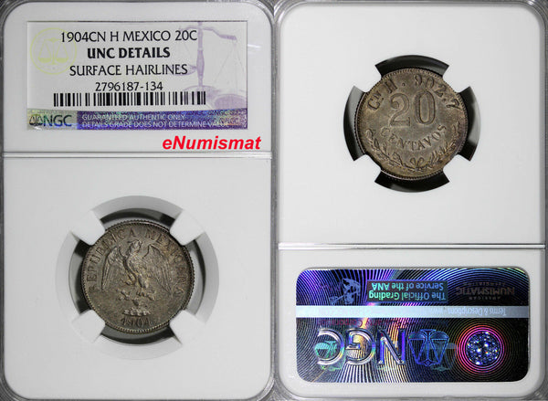 Mexico Silver 1904 Cn H  20 Centavos NGC UNC DETAILS Nice Toned KM# 405