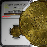 Denmark Christian X 1926 HCN GJ  1/2 Krone NGC MS64  KEY DATE KM831.1