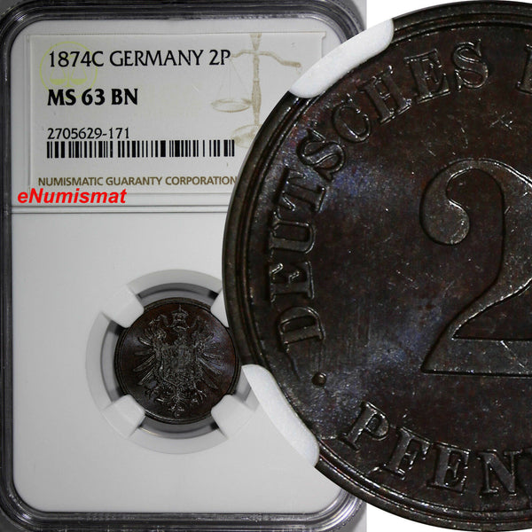 Germany-Empire Wilhelm I Copper 1874-C 2 Pfennig NGC MS63 BN Nice Glossy KM2/171