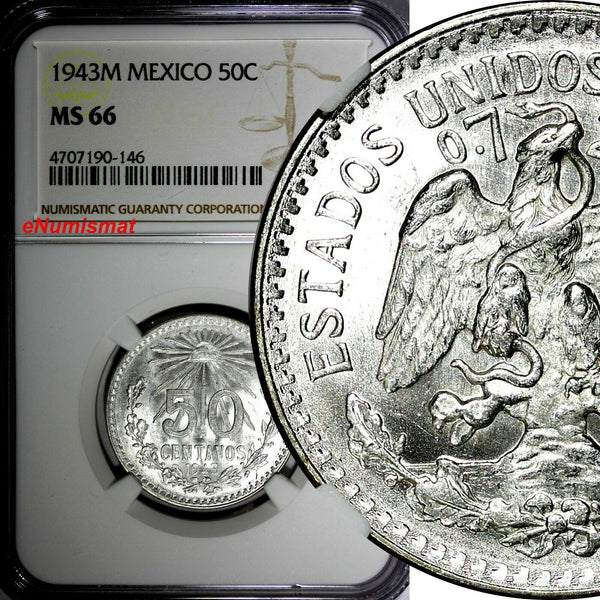 Mexico ESTADOS UNIDOS MEXICANOS Silver 1943 M 50 Centavos NGC MS66 KM# 447