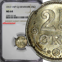 Denmark .Christian X Silver 1913 VBP GJ 25 Ore NGC MS64 KM# 815.1