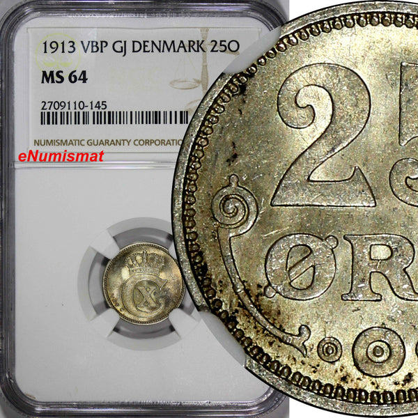 Denmark .Christian X Silver 1913 VBP GJ 25 Ore NGC MS64 KM# 815.1 (145)