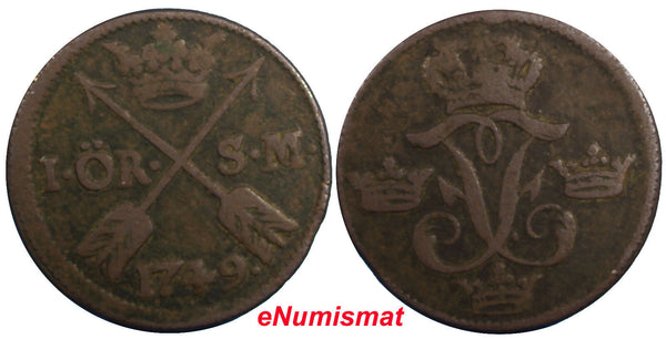 Sweden Frederick I Copper 1749 1 Ore, S.M.   KM# 416.1  (6390)
