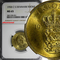 DENMARK Frederik IX Aluminum-Bronze 1958 C S 1 Krone NGC MS65 KM# 837.2