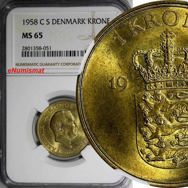 DENMARK Frederik IX Aluminum-Bronze 1958 C S 1 Krone NGC MS65 KM# 837.2