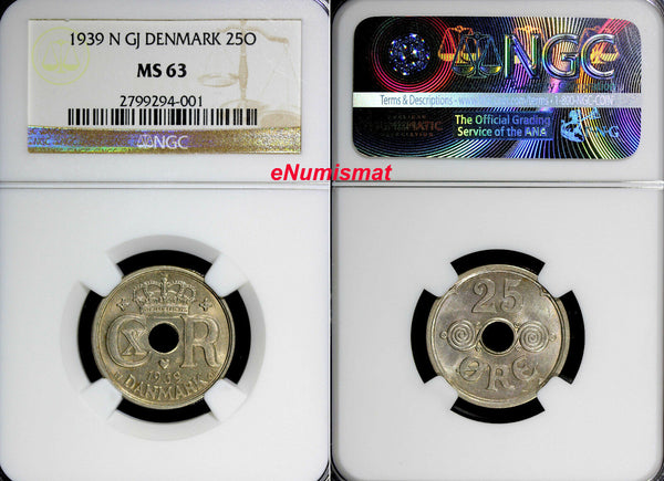 Denmark Christian X 1939 N GJ 25 Ore NGC MS63 BETTER DATE HIGH GRADE KM# 823.2