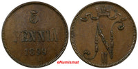 Finland Russia Nicholas II Copper 1899 5 Pennia BETTER DATE Mintage-860,000 KM15