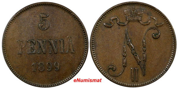 Finland Russia Nicholas II Copper 1899 5 Pennia BETTER DATE Mintage-860,000 KM15