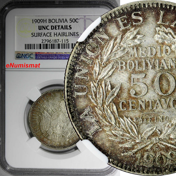 Bolivia Silver 1909 H 50 Centavos, 1/2 Boliviano NGC UNC DETAILS SCARCE  KM# 177