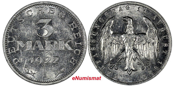 Germany - Weimar Republic Aluminum 1922-A 3 Mark aUNC Condition KM# 28 (10 737)