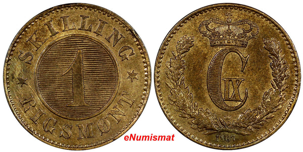 Denmark Christian IX Bronze 1867 1 Skilling Rigsmont XF Condition KM# 774