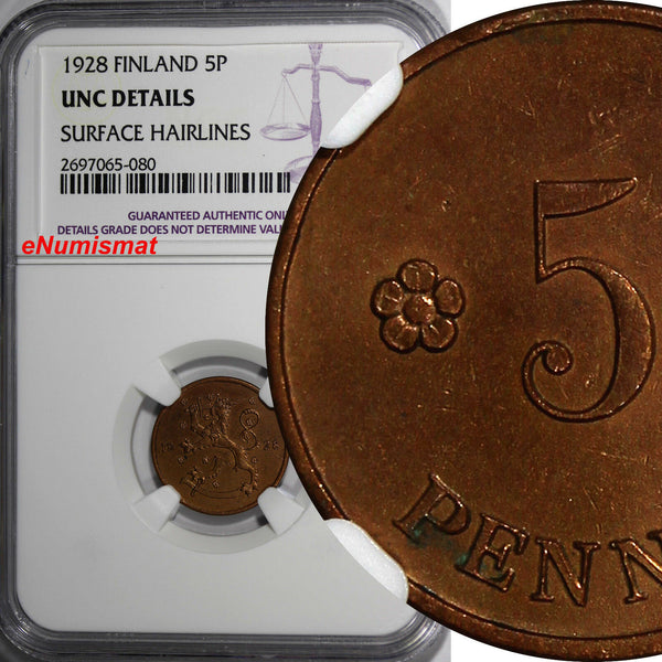 Finland Copper 1928 5 Pennia NGC UNC DETAILS KM# 22