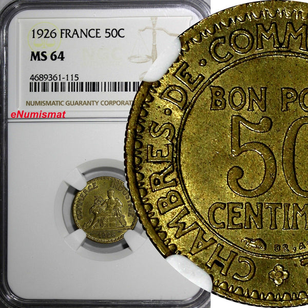 France Aluminum-Bronze 1926  50 Centimes NGC MS64 Mercury seated KM# 884