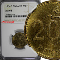 Finland Aluminum-Bronze 1964-S 20 Pennia NGC MS64 KM# 47
