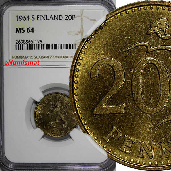 Finland Aluminum-Bronze 1964-S 20 Pennia NGC MS64 KM# 47