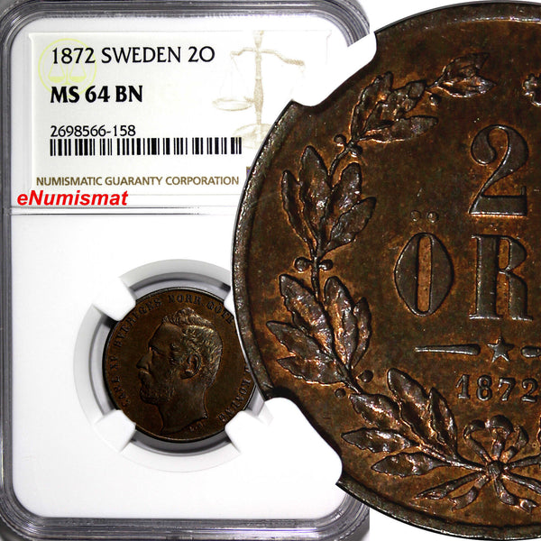 SWEDEN Bronze Carl XV Adolf  1872  2 ORE NGC MS64 RB Nice Toned KM#706 (158)