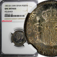 Spain Alfonso XIII SILVER 1901 (01) SMV Peseta NGC UNC DETAILS Toning KM# 706